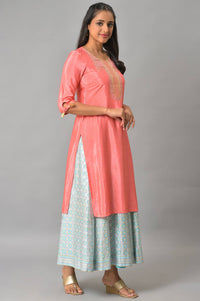 Peach Geometric Embroidered Zari Straight Shantung Kurta