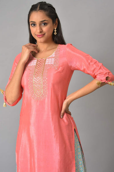 Peach Zari Embroidered Kurta