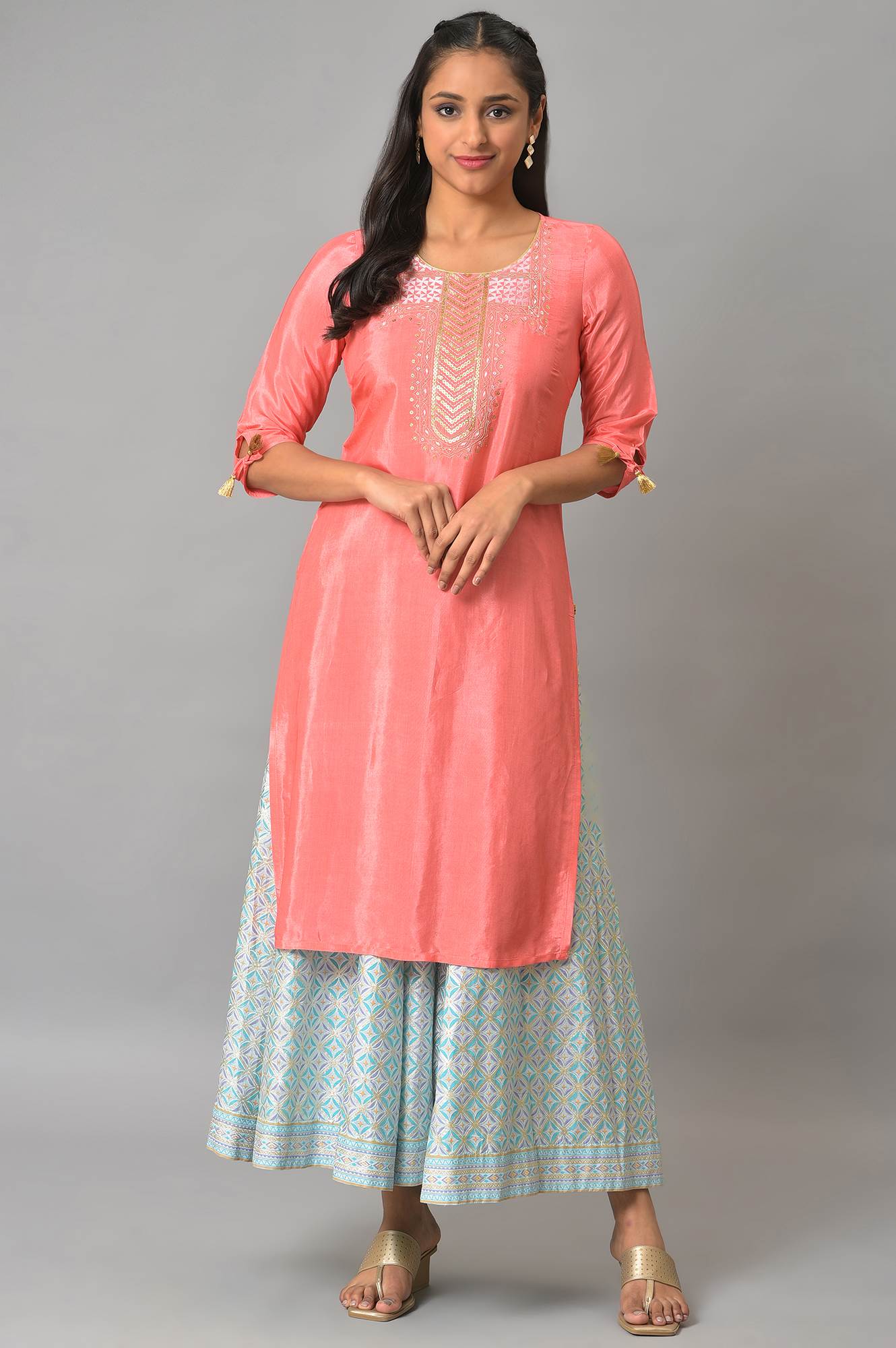 Peach Zari Embroidered kurta