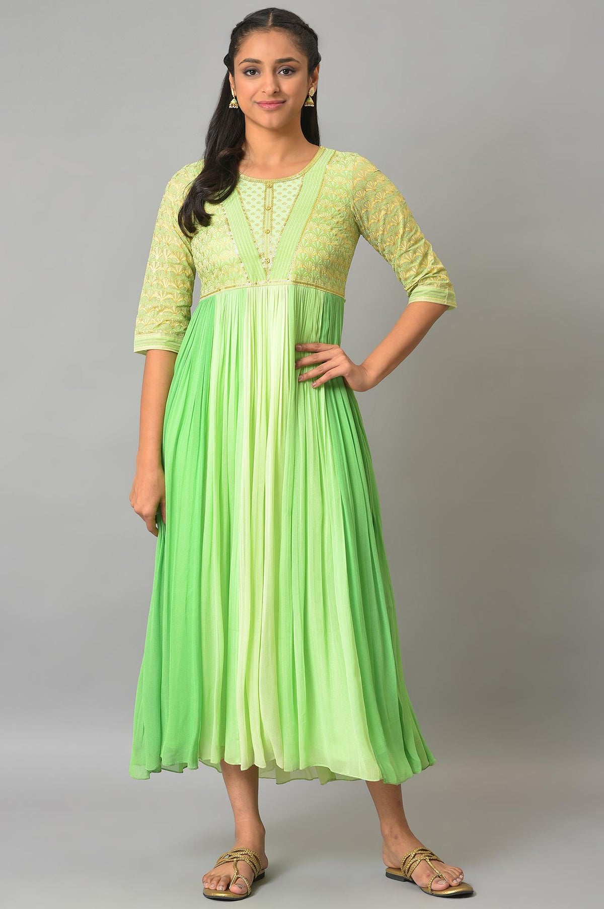 Green Flared Printed Modern Ethnic Dress - XS