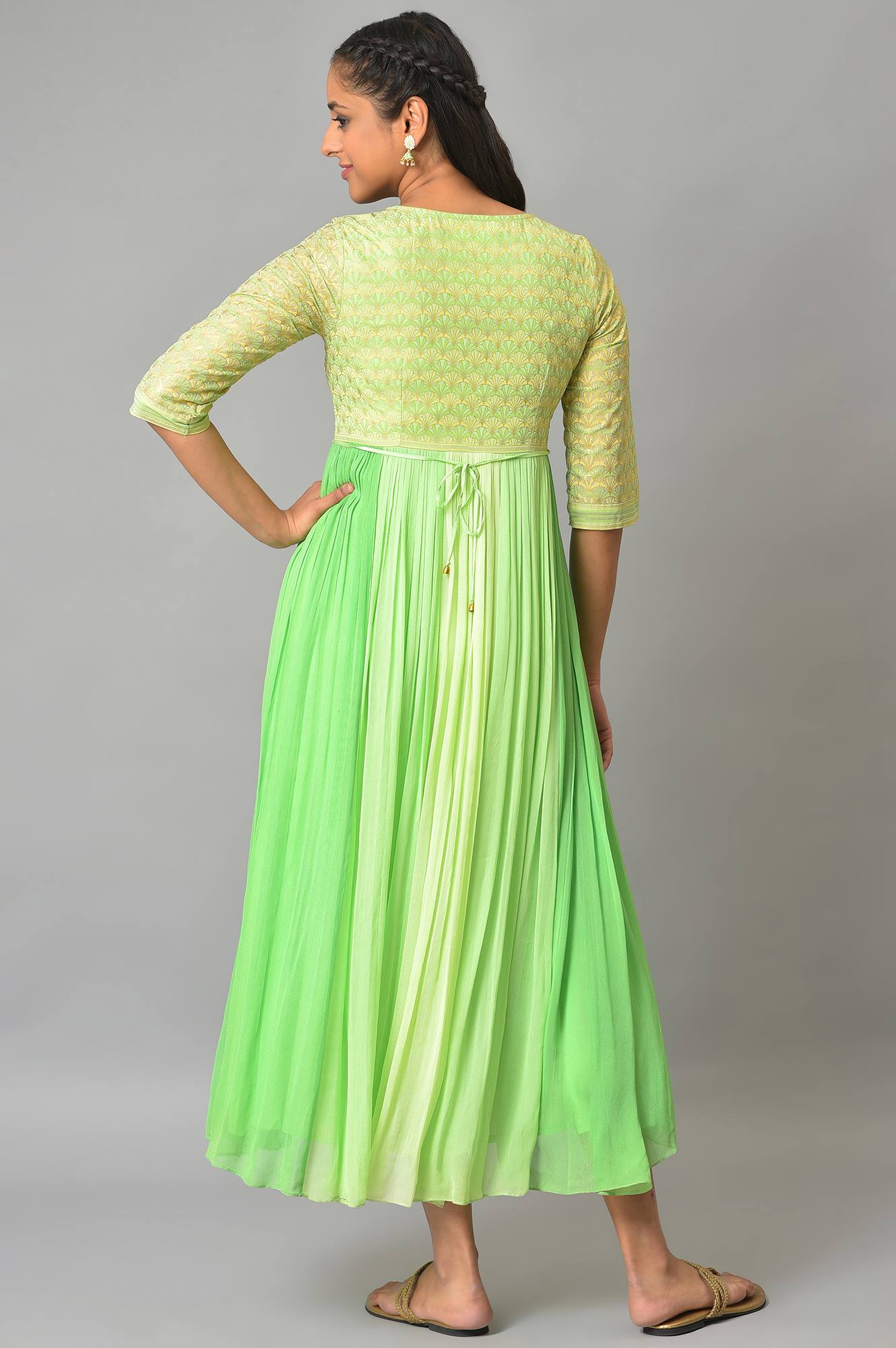 Green Flared Printed Modern Ethnic Dress