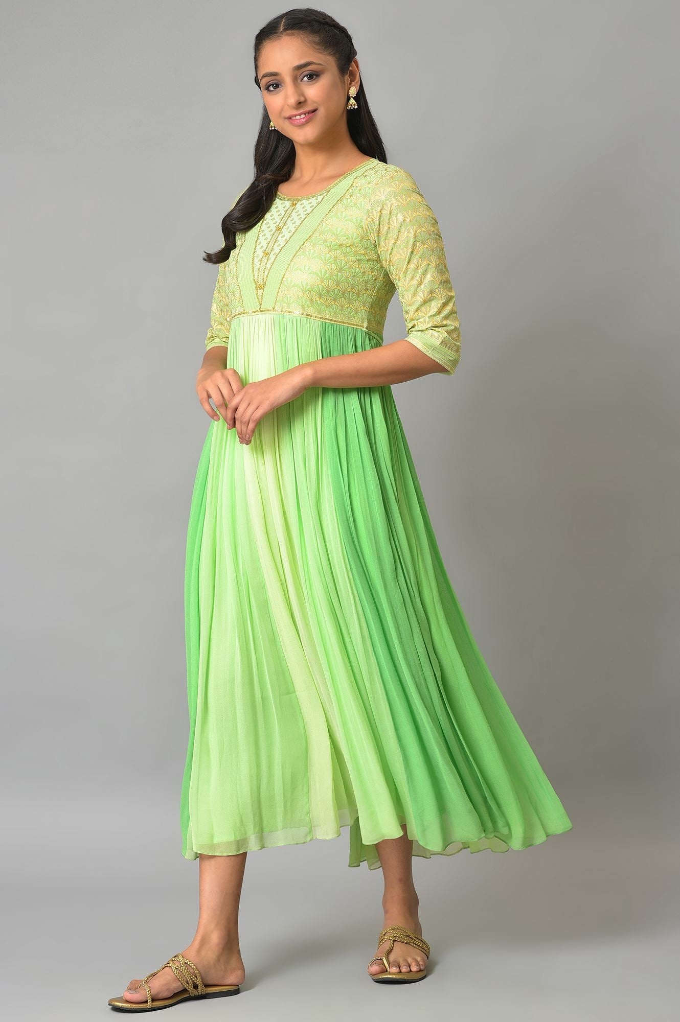 Green Flared Printed Modern Ethnic Dress