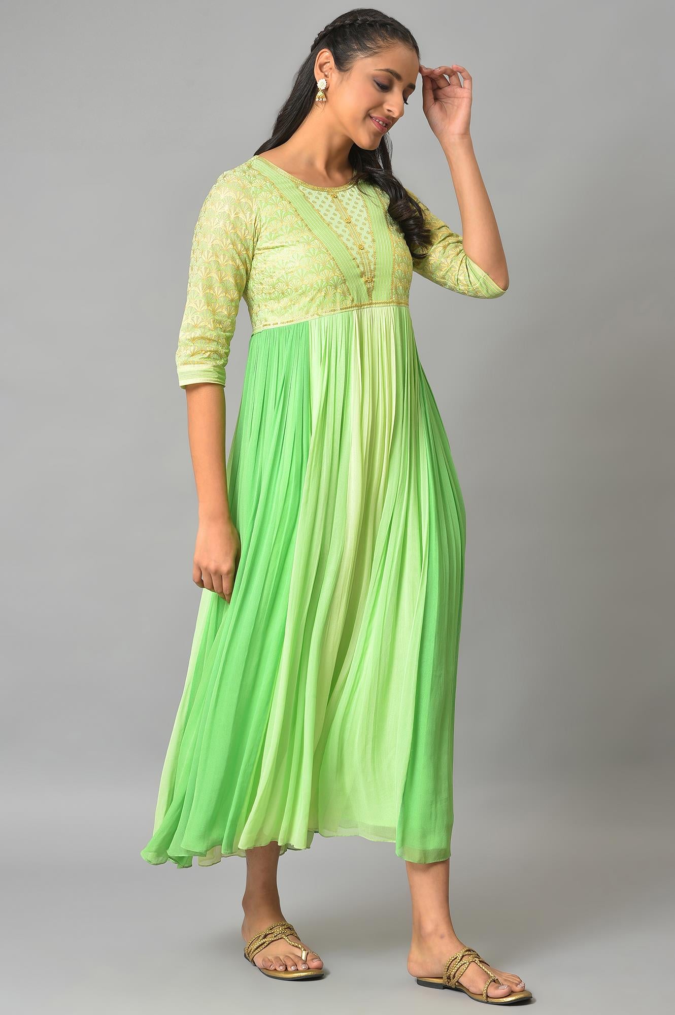 Green Flared Printed Modern Ethnic Dress