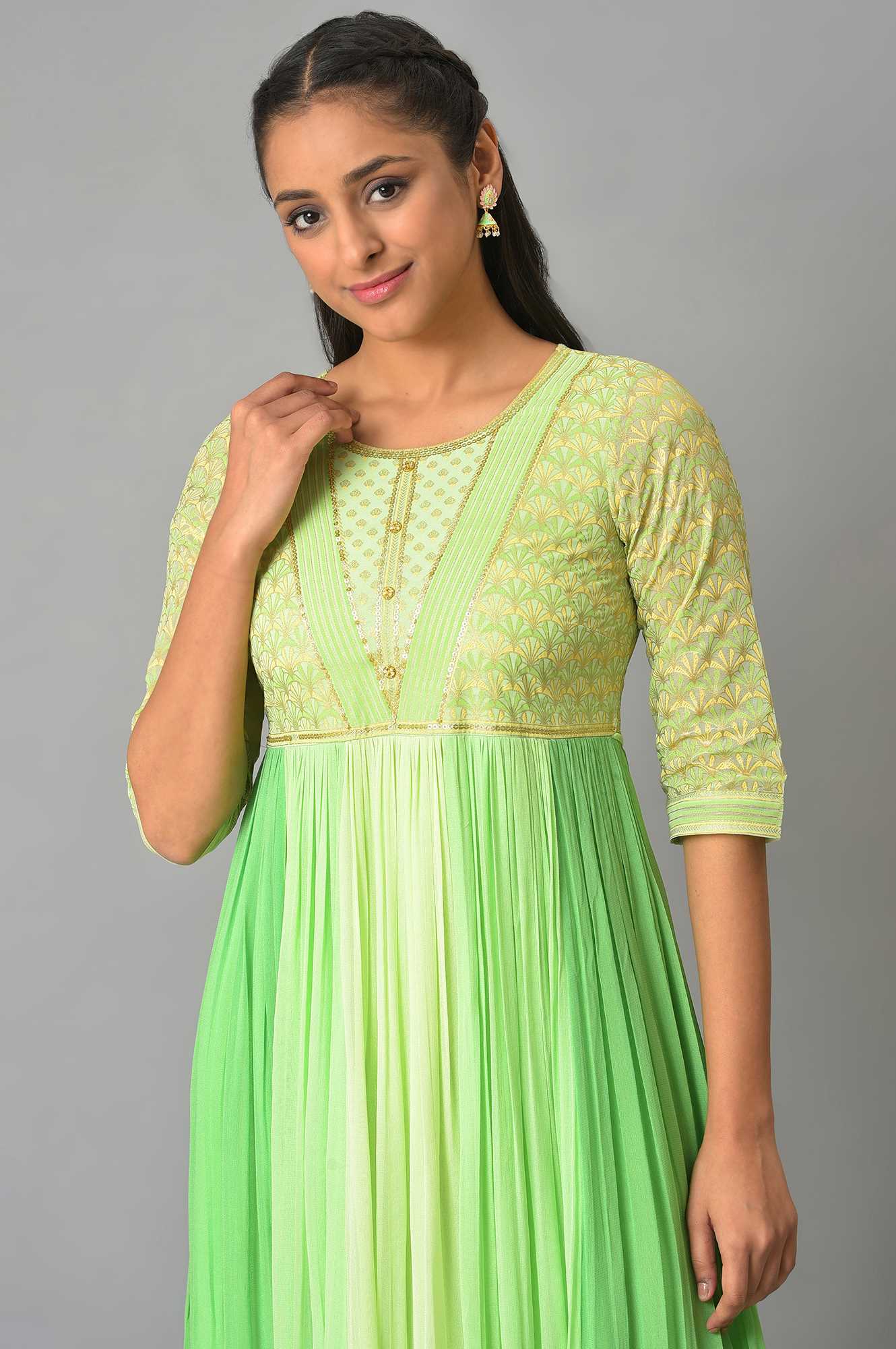 Green Flared Printed Modern Ethnic Dress