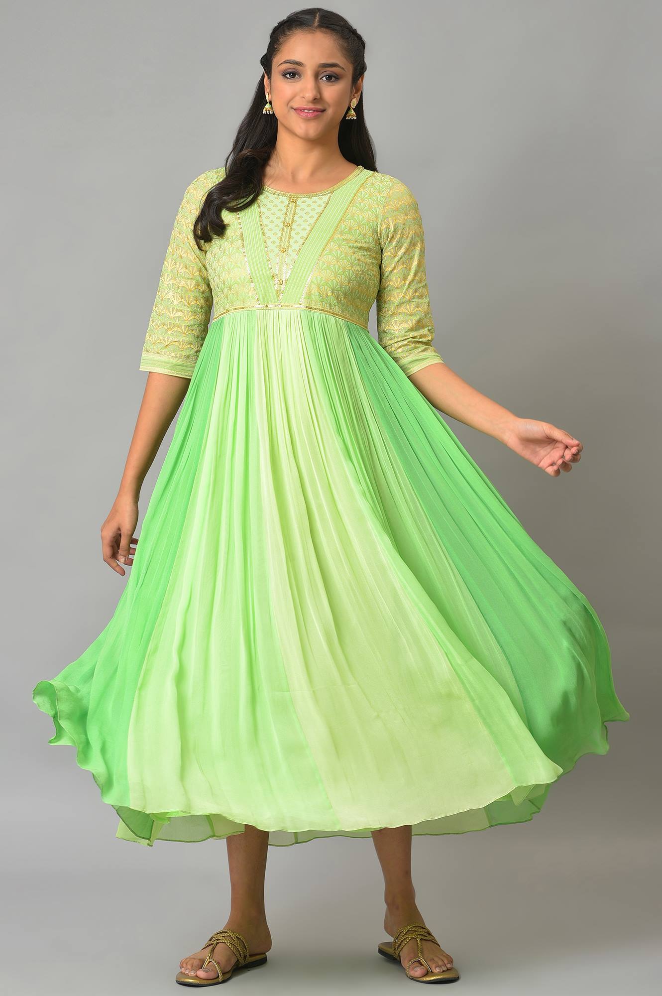 Green Flared Printed Modern Ethnic Dress