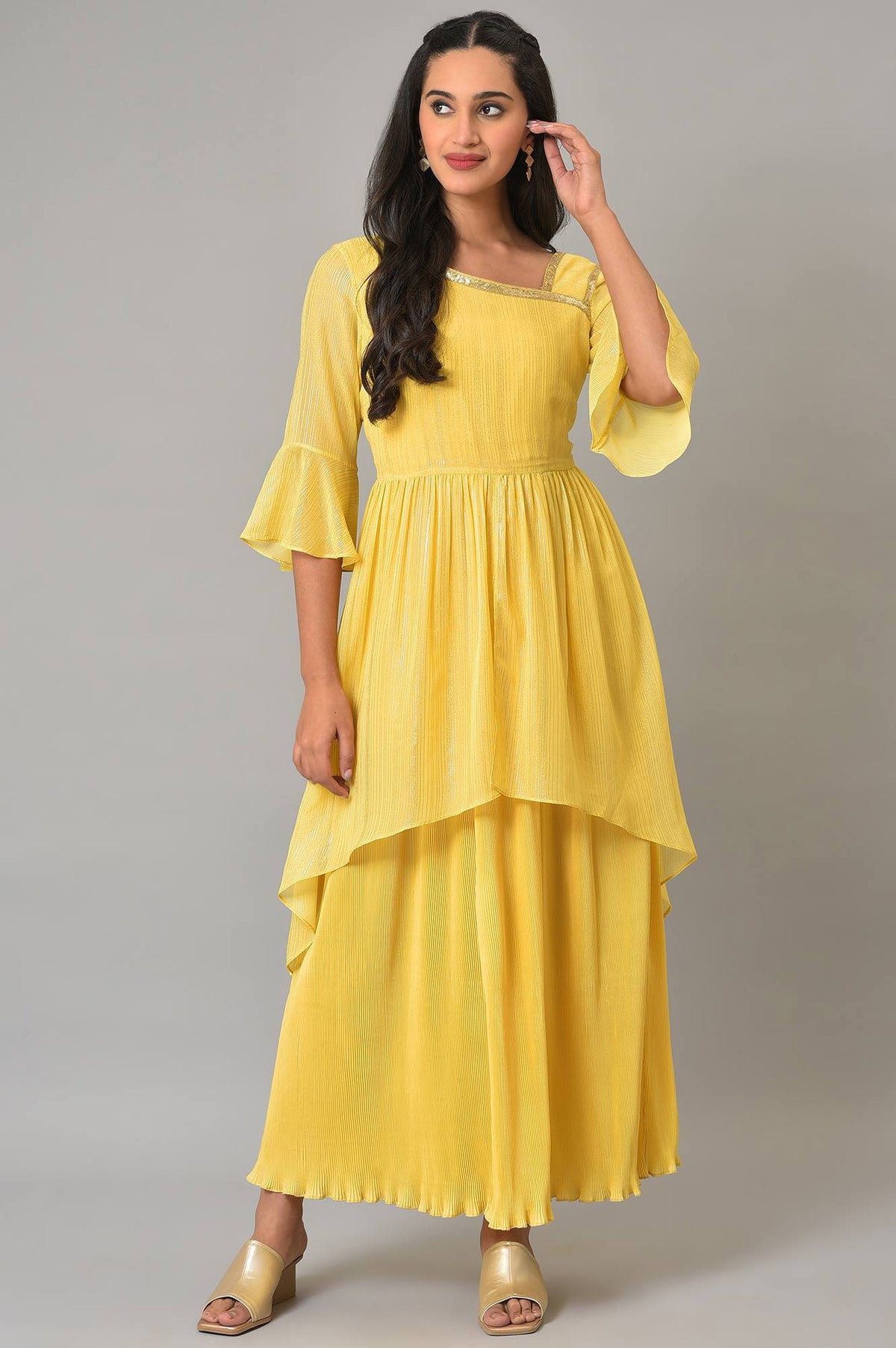 Yellow Flared Printed Modern Ethnic Dress - XS