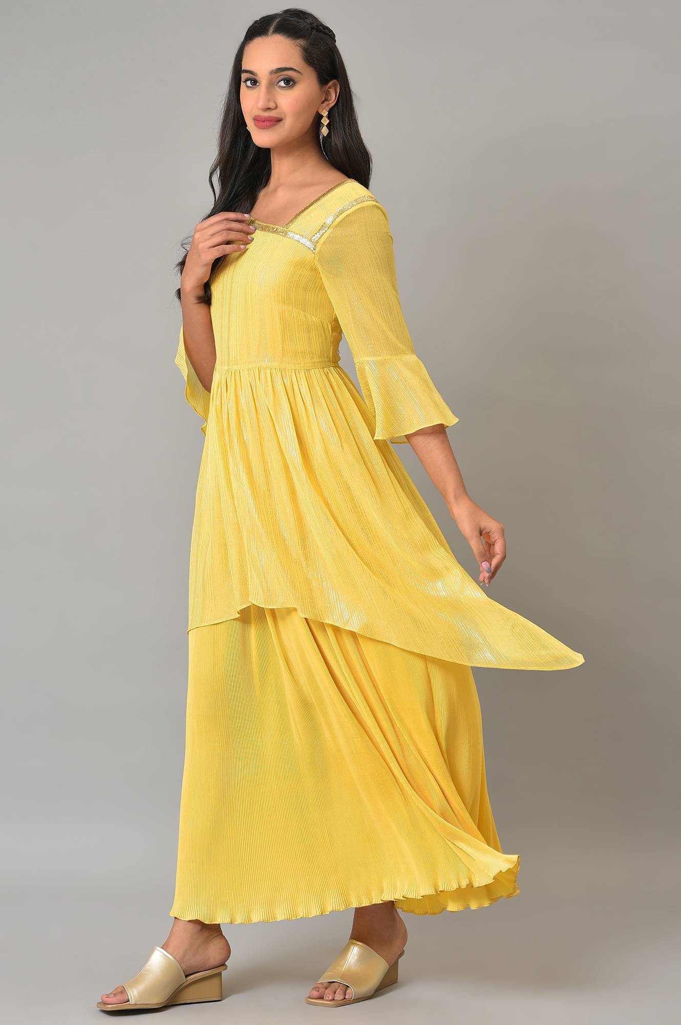 Yellow Flared Printed Modern Ethnic Dress