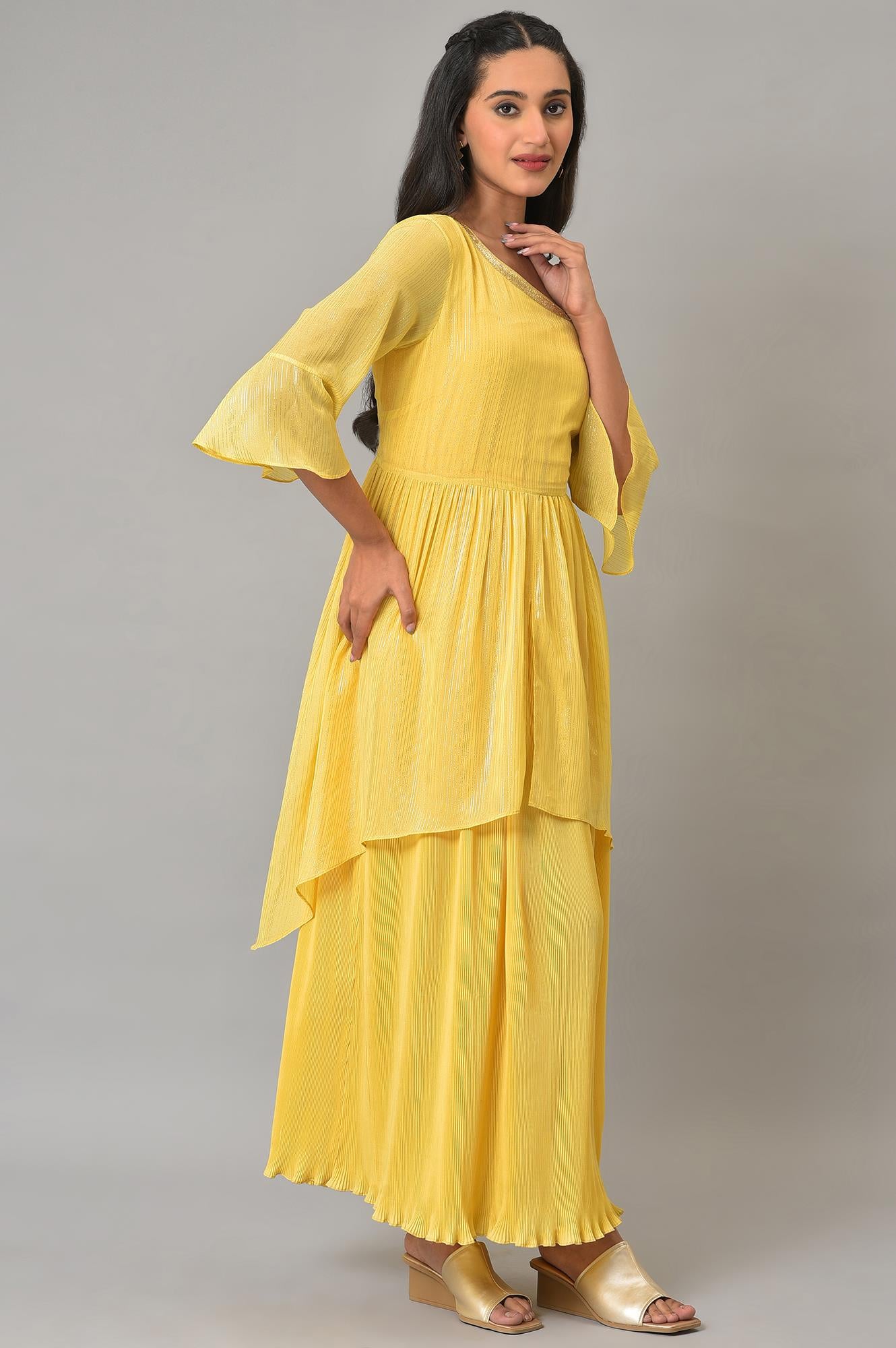 Yellow Flared Printed Modern Ethnic Dress