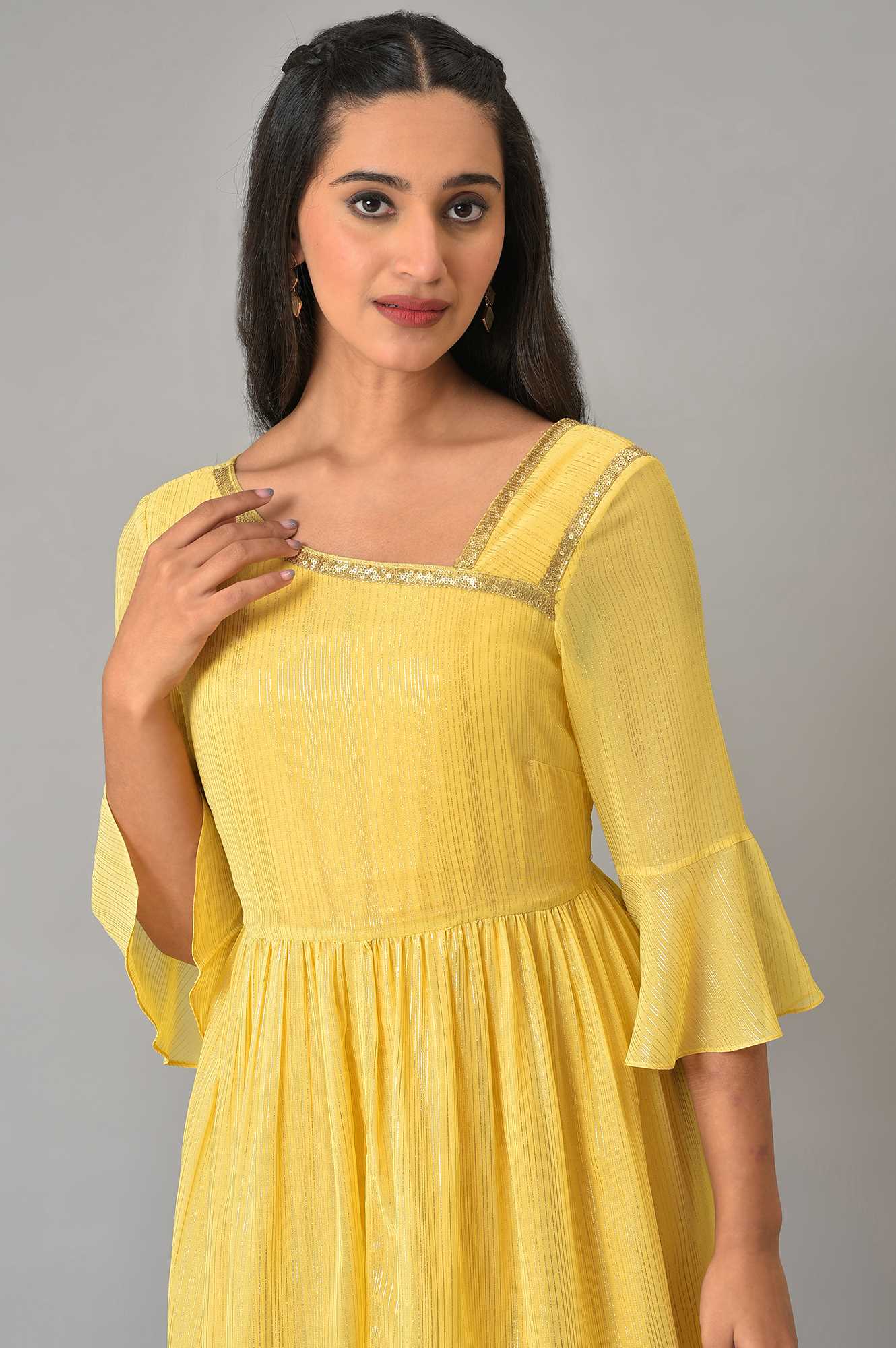 Yellow Flared Printed Modern Ethnic Dress