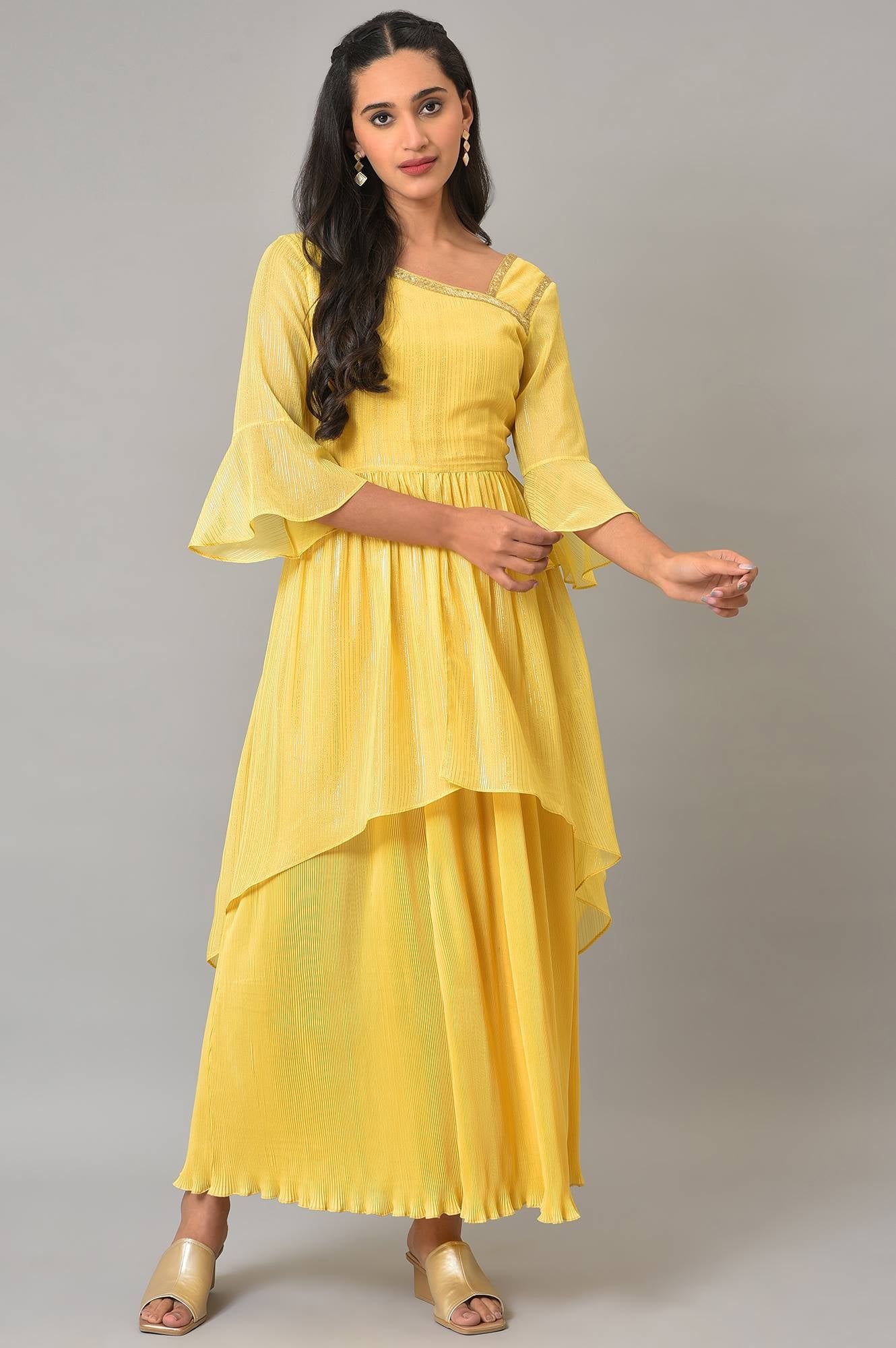 Yellow Flared Printed Modern Ethnic Dress