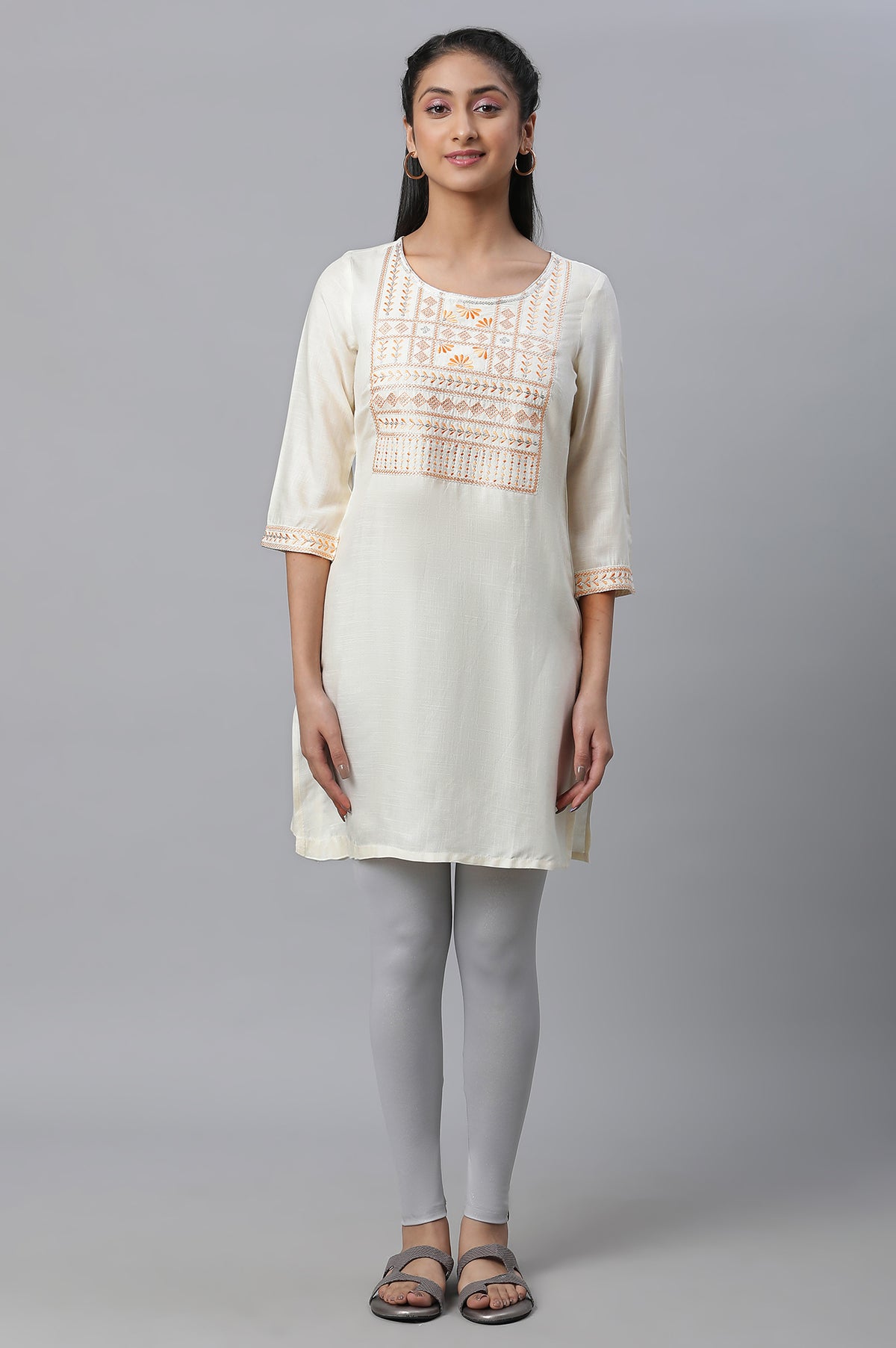 Off-white Embroidered Short Kurti - S