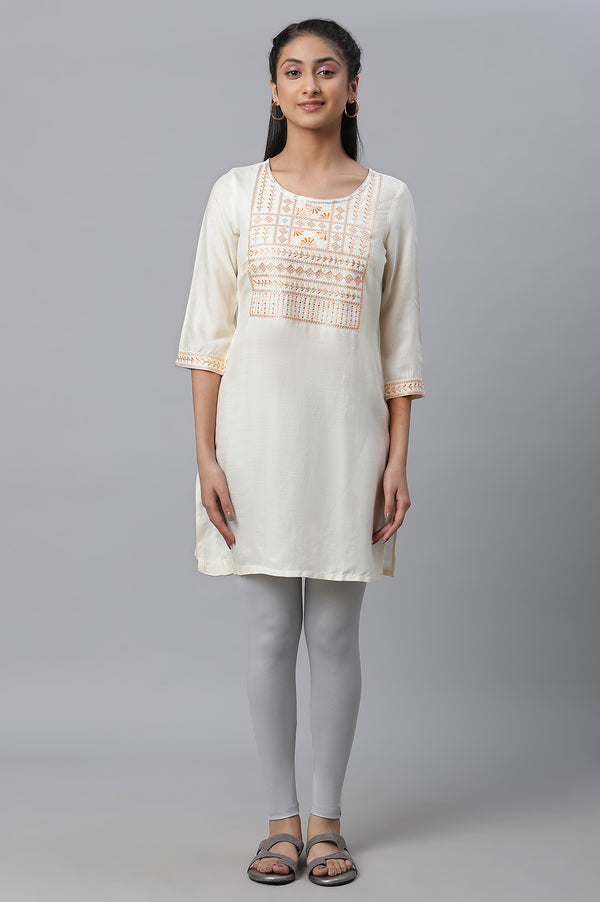 Off-white Embroidered Short Kurti