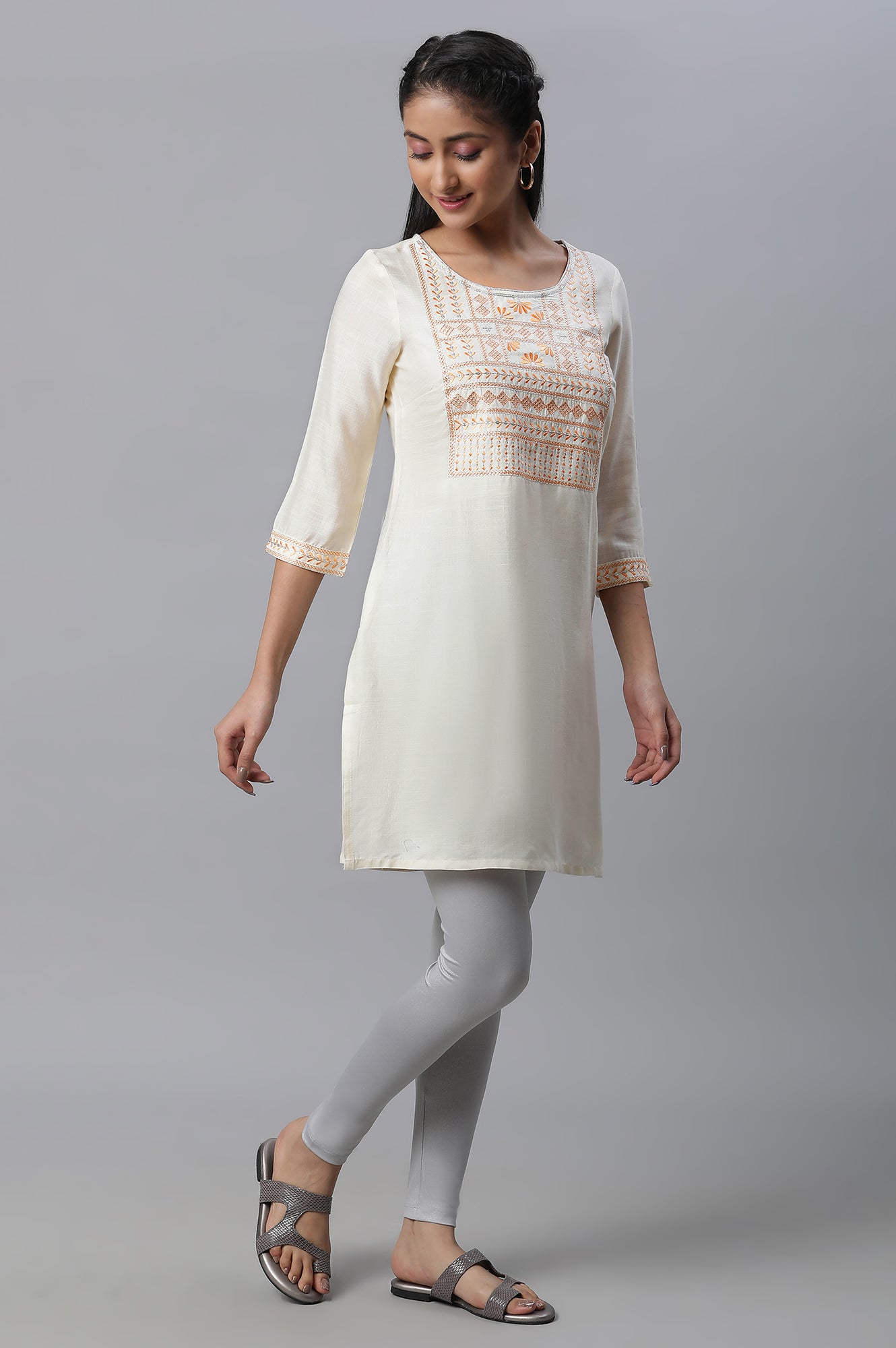 Off-white Embroidered Short Kurti