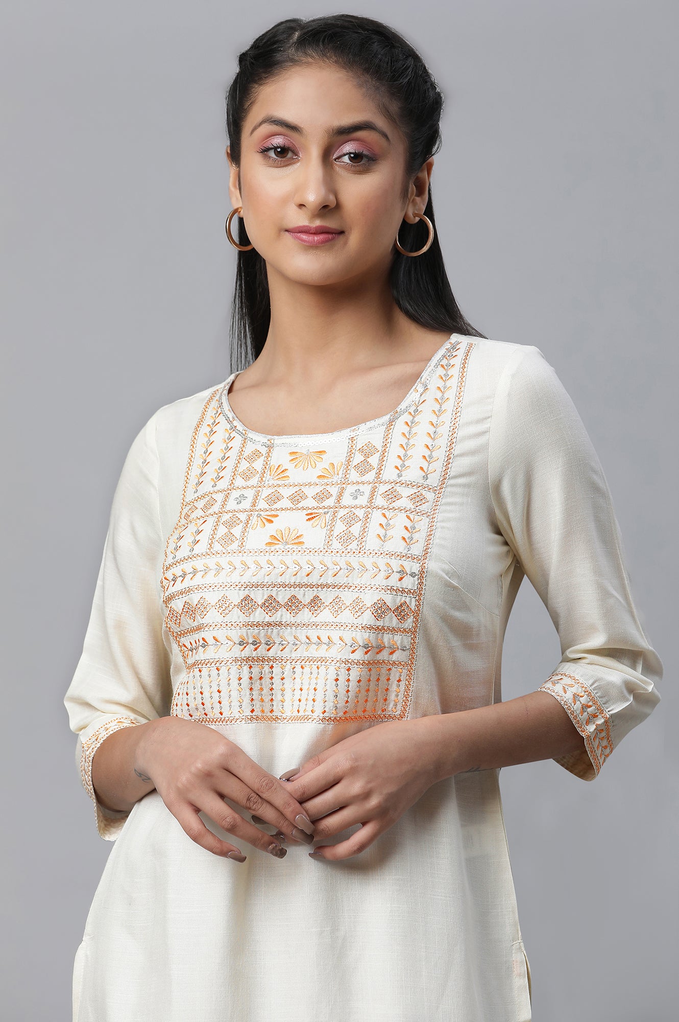 Off-white Embroidered Short Kurti