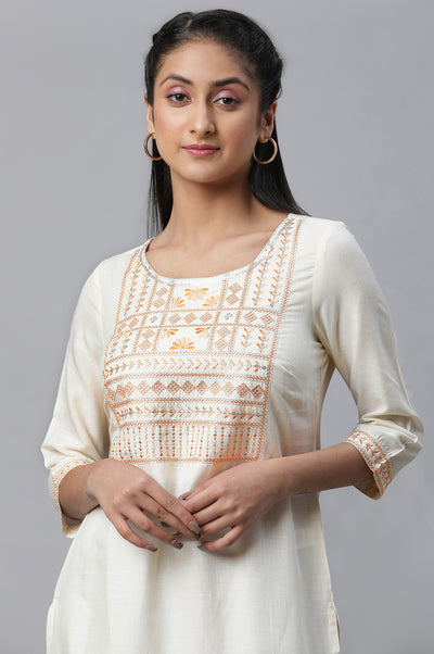 Off-white Embroidered Short Kurti