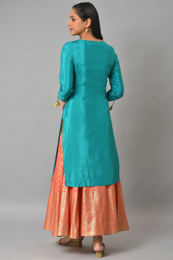 Green Embroidered Thread Work Straight Kurta