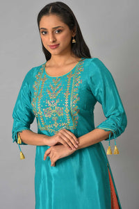 Green Embroidered Thread Work Straight Kurta