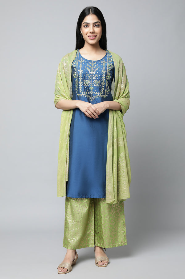 Navy Blue Embroidered Thread Work Straight Kurta