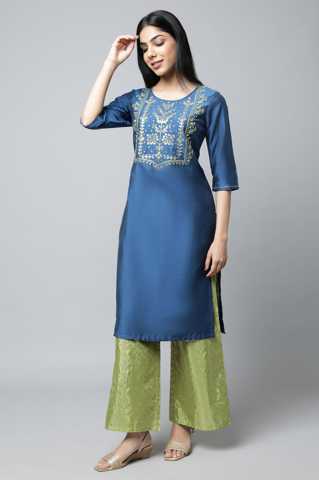 Navy Blue Embroidered Thread Work Straight Kurta