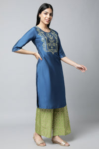 Navy Blue Embroidered Thread Work Straight Kurta