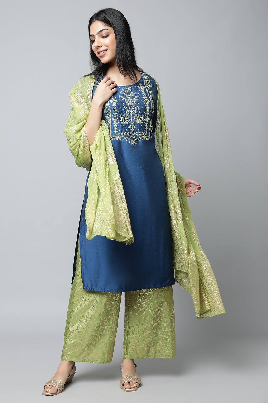 Navy Blue Embroidered Thread Work Straight Kurta