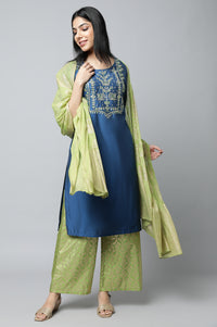 Navy Blue Embroidered Thread Work Straight Kurta
