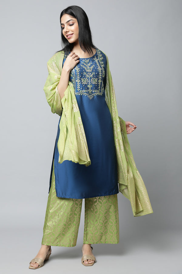 Navy Blue Embroidered Thread Work Straight Kurta