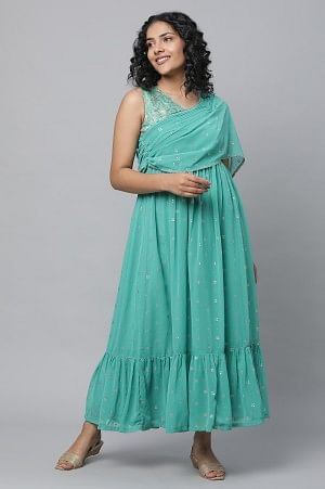 Green Poly Georgette Festive Dress