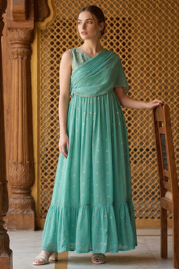 Green Poly Georgette Festive Dress