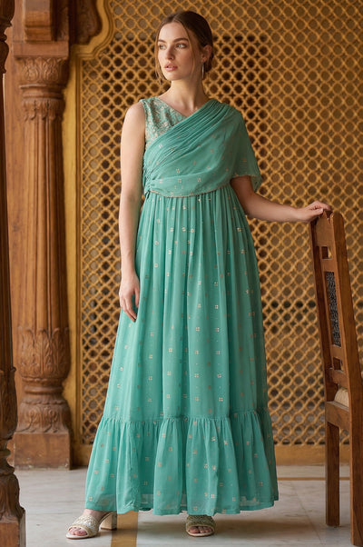 Green Poly Georgette Festive Dress