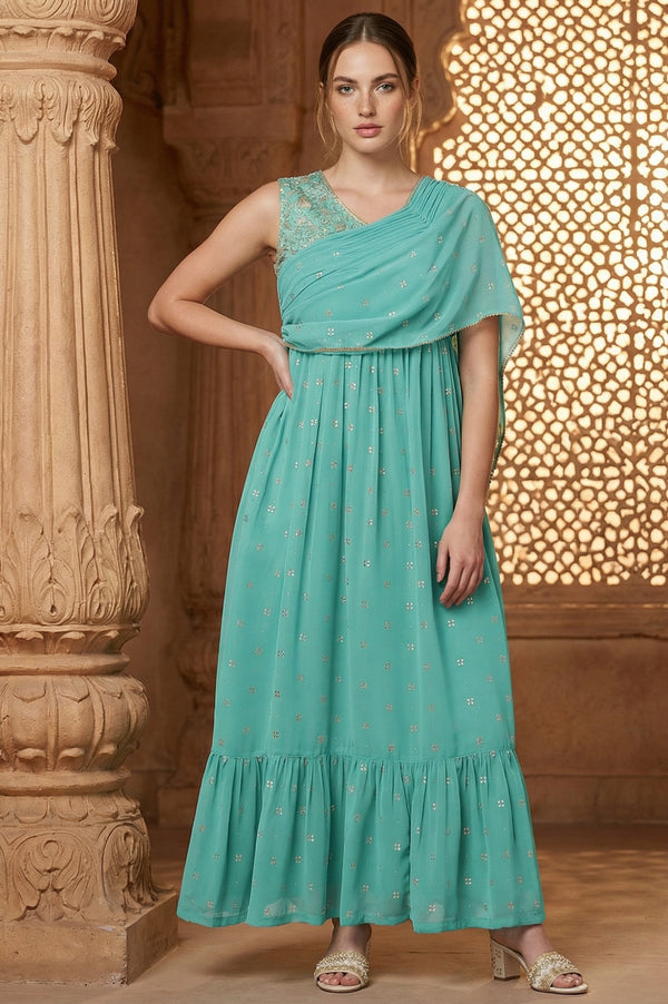 Green Poly Georgette Festive Dress