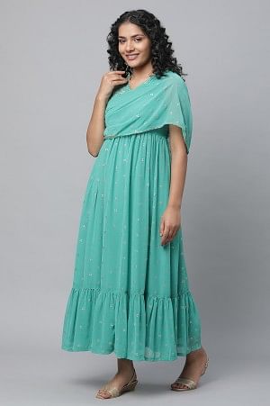 Green Poly Georgette Festive Dress