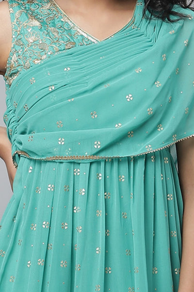 Green Poly Georgette Festive Dress