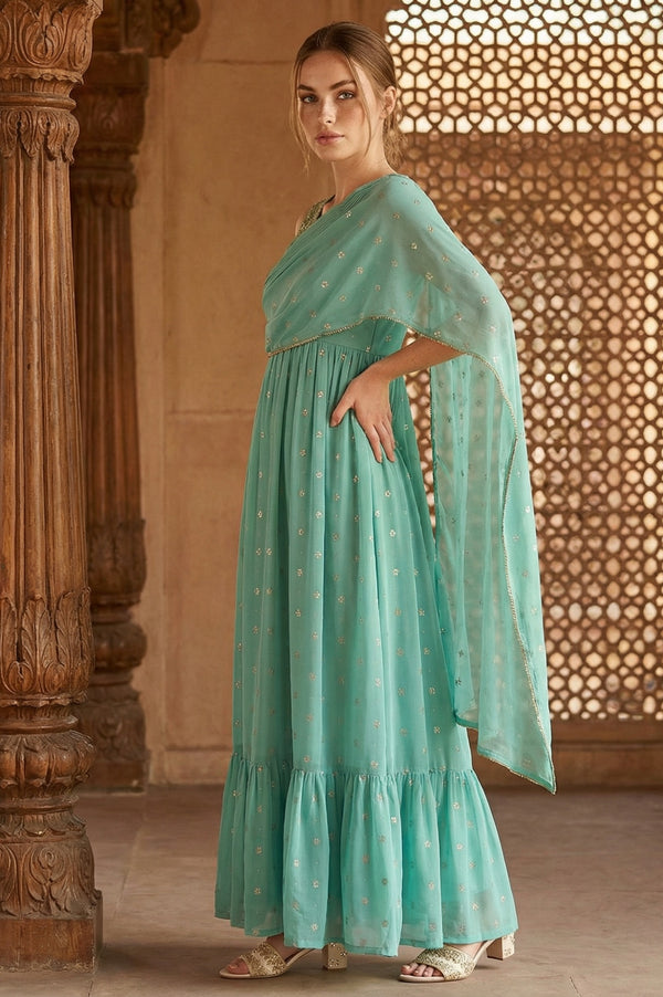 Green Poly Georgette Festive Dress