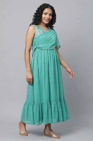 Green Poly Georgette Festive Dress