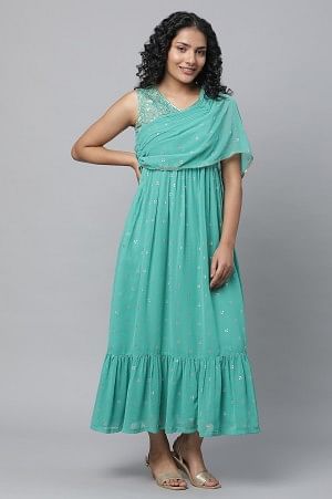 Green Poly Georgette Festive Dress