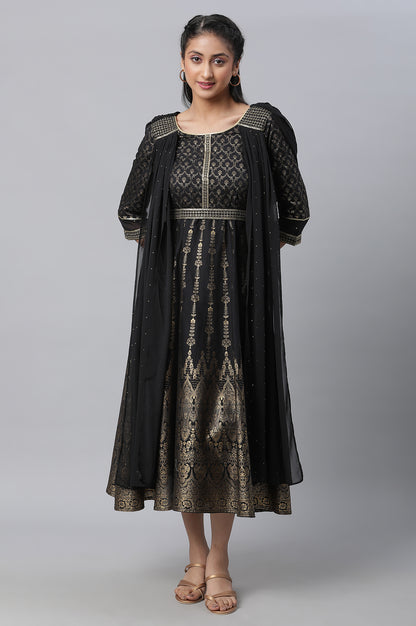 Black Zari Embroidered Festive Dress With Attached Drape