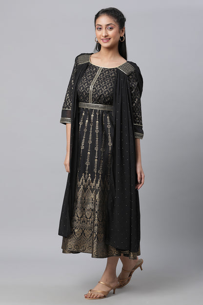 Black Zari Embroidered Festive Dress With Attached Drape