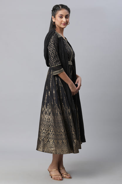 Black Zari Embroidered Festive Dress With Attached Drape