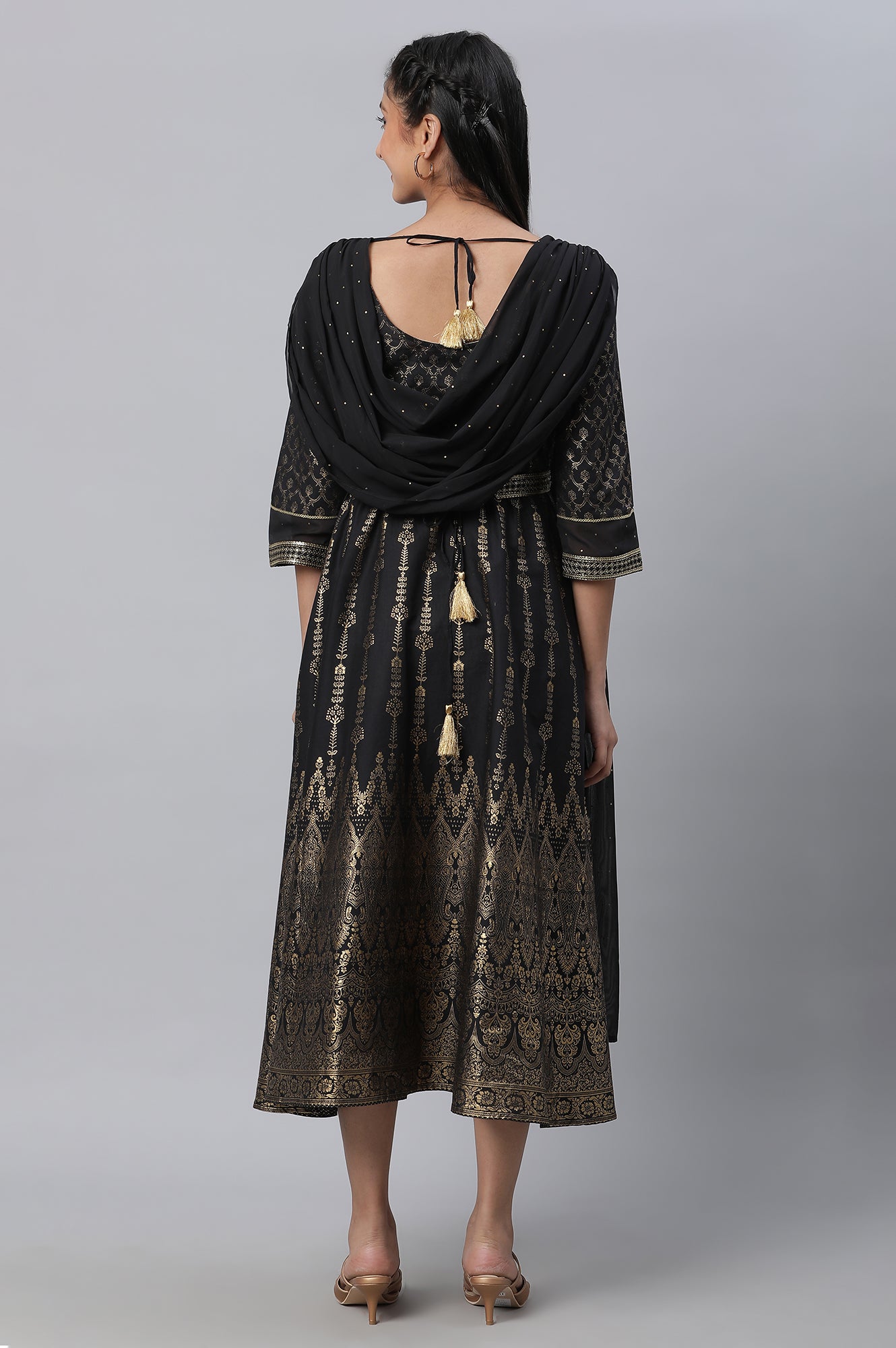 Black Zari Embroidered Festive Dress With Attached Drape