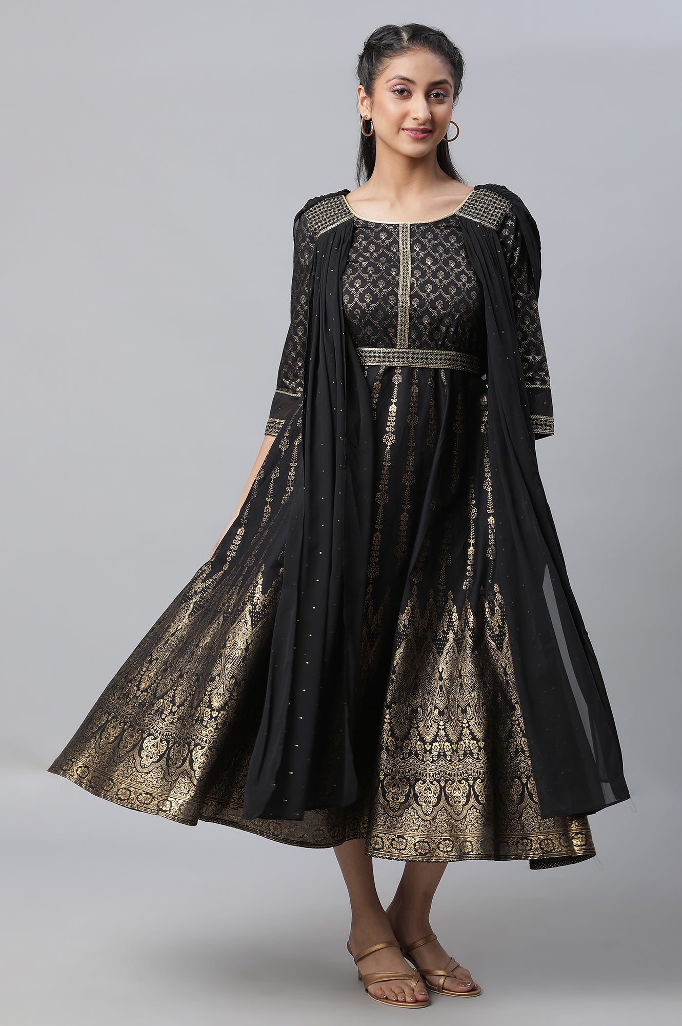 Black Zari Embroidered Festive Dress With Attached Drape