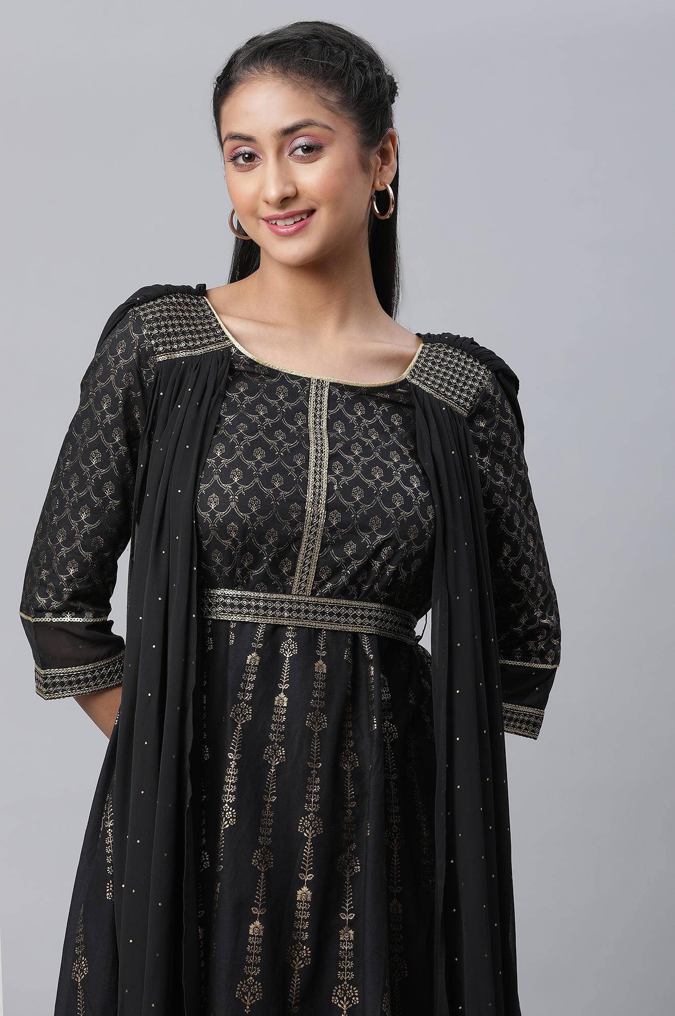 Black Zari Embroidered Festive Dress With Attached Drape