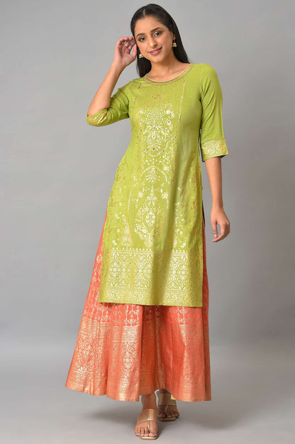 Green Embroidered Foil Printed Signature Kurta