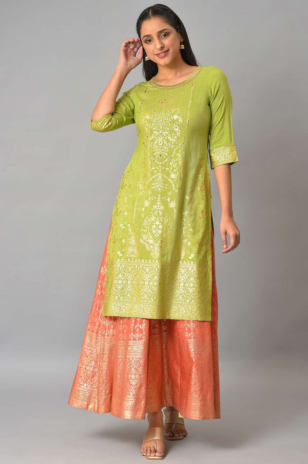 Green Embroidered Foil Printed Signature kurta
