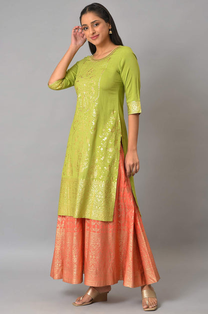 Green Embroidered Foil Printed Signature Kurta