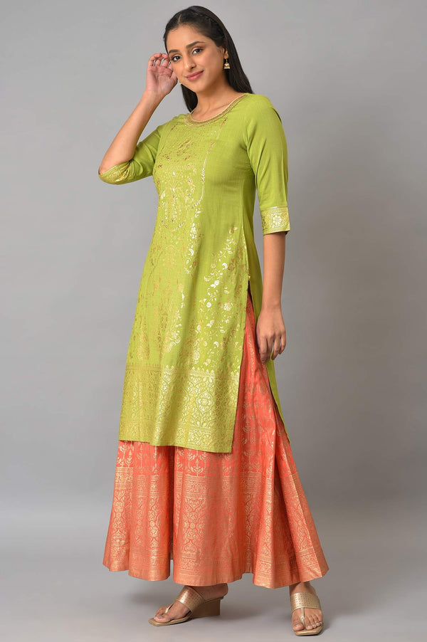 Green Embroidered Foil Printed Signature Kurta