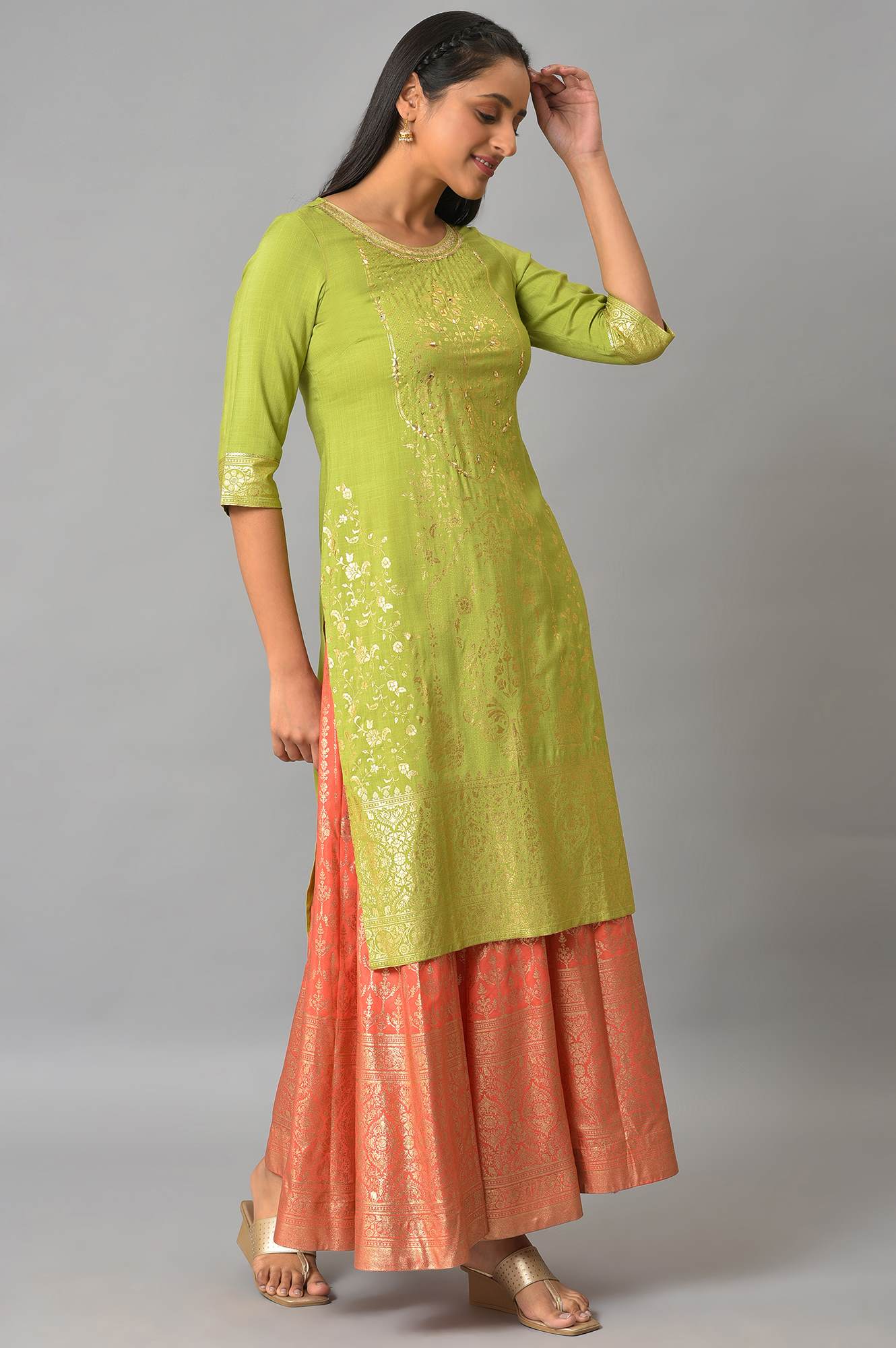 Green Embroidered Foil Printed Signature Kurta