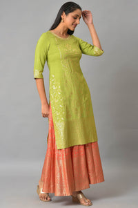 Green Embroidered Foil Printed Signature kurta