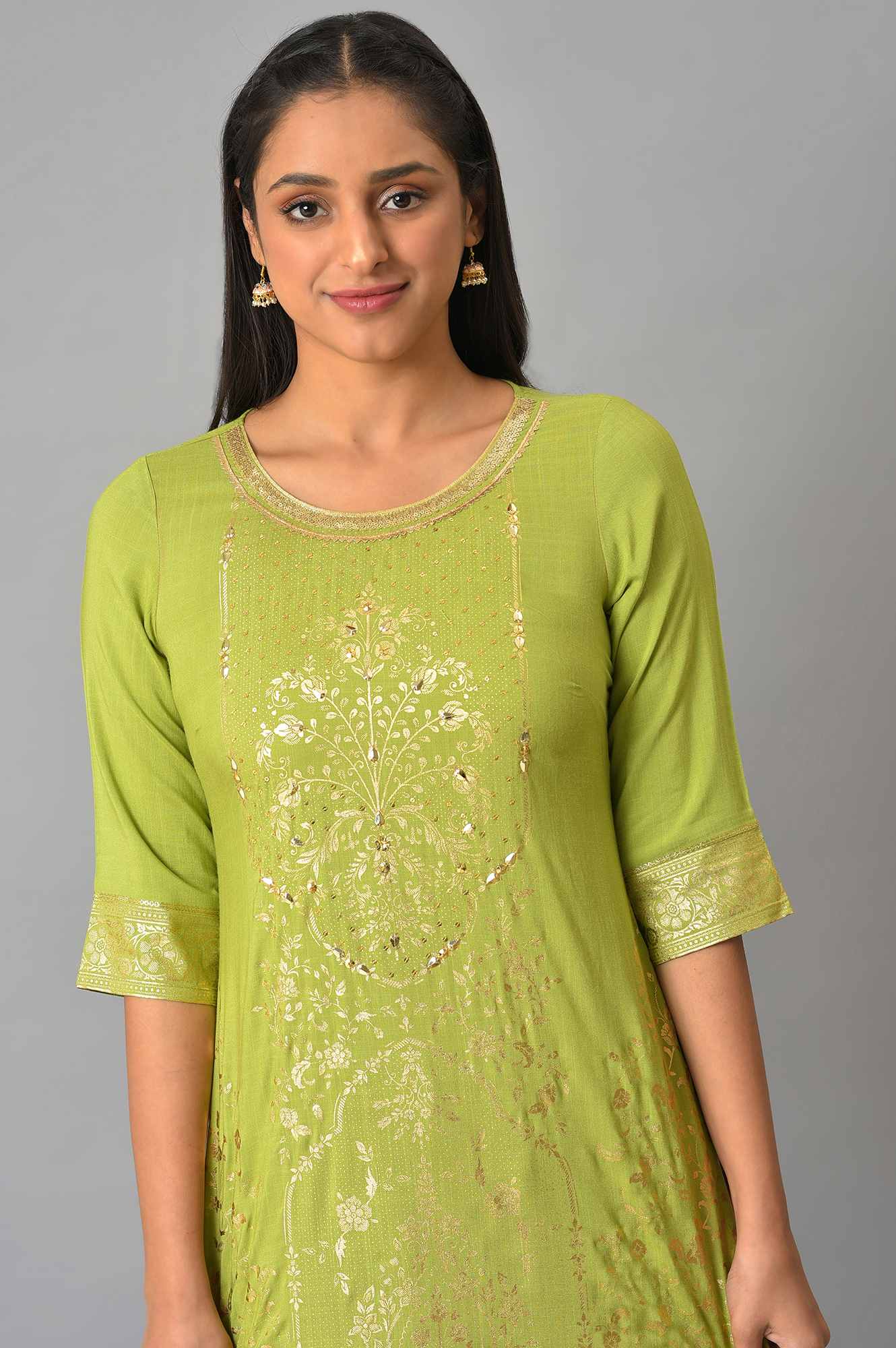 Green Embroidered Foil Printed Signature Kurta