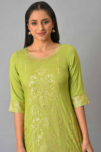 Green Embroidered Foil Printed Signature kurta